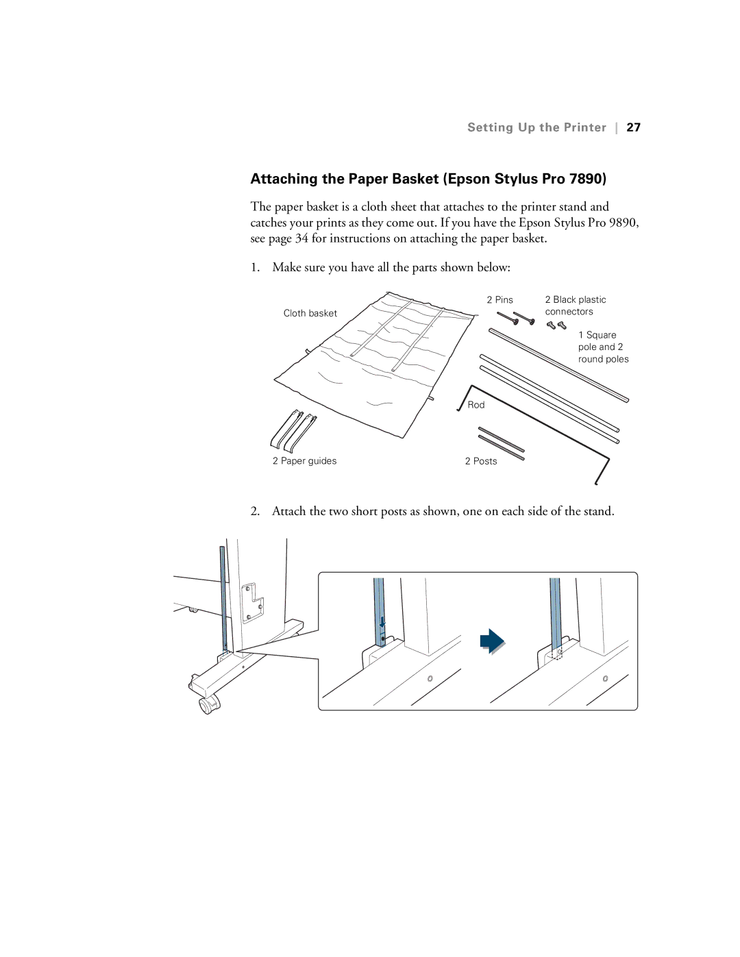 Epson SP7890K3, SP9890K3 manual Attaching the Paper Basket Epson Stylus Pro 