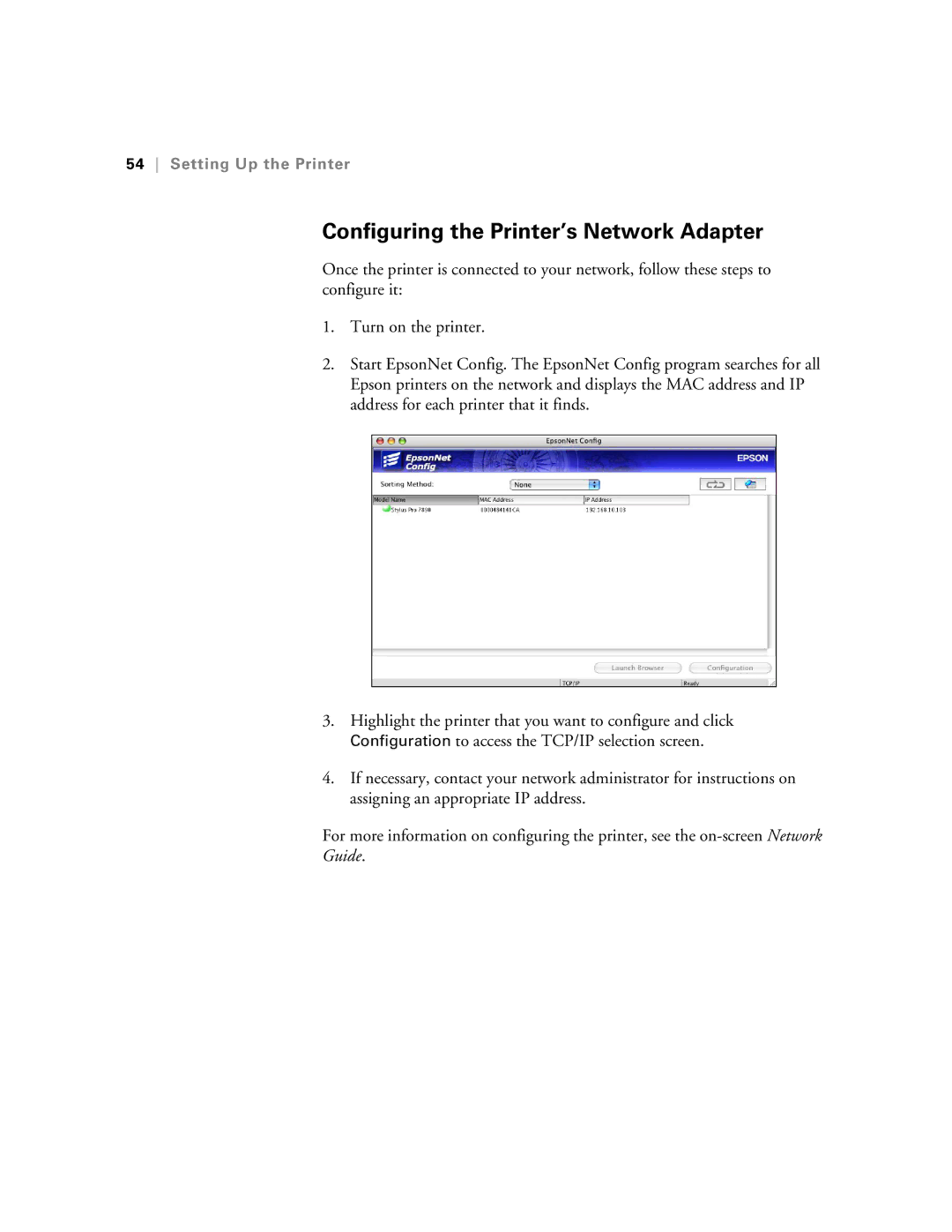 Epson SP9890K3, SP7890K3 manual Configuring the Printer’s Network Adapter 