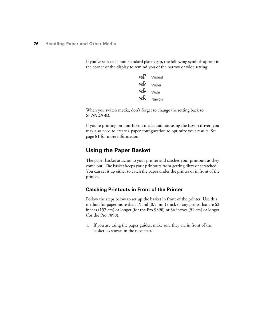 Epson SP9890K3, SP7890K3 manual Using the Paper Basket, Catching Printouts in Front of the Printer 