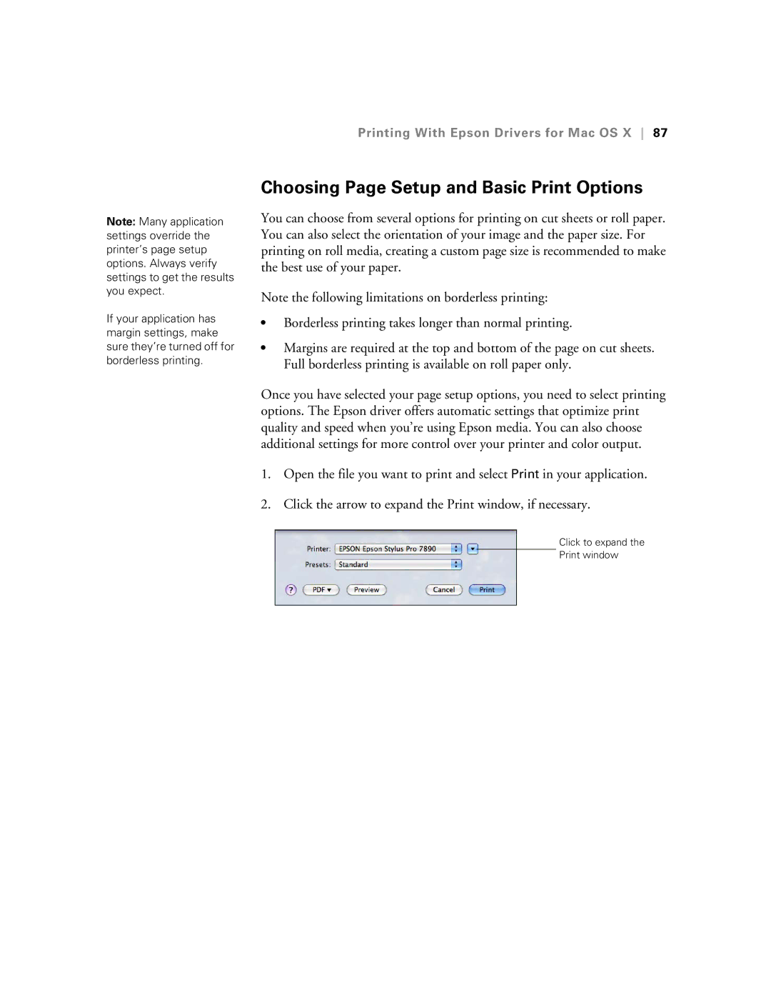 Epson SP7890K3, SP9890K3 manual Choosing Page Setup and Basic Print Options 