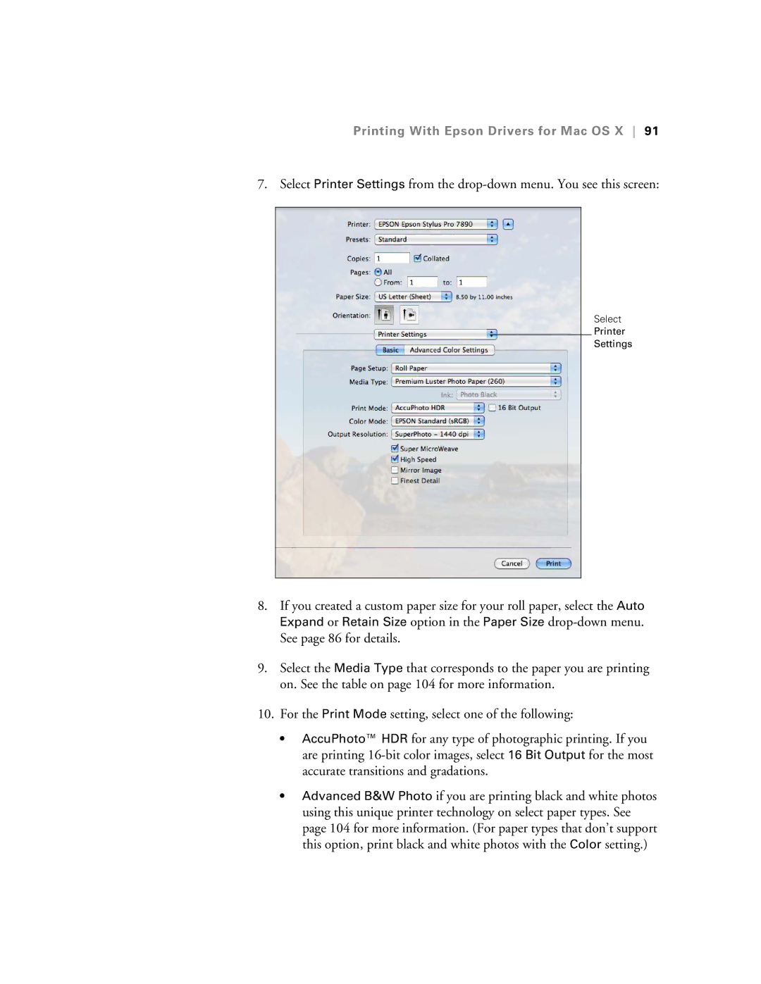 Epson SP7890K3, SP9890K3 manual Select Printer Settings 