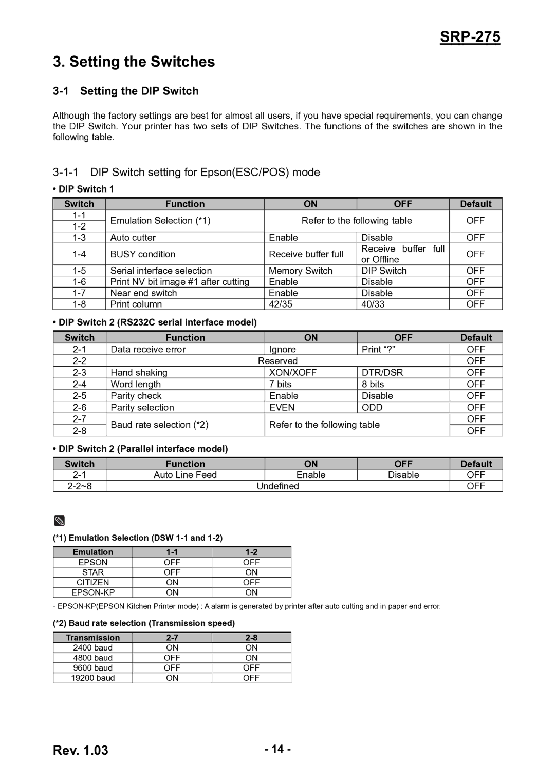 Epson user manual SRP-275 Setting the Switches, Setting the DIP Switch, DIP Switch setting for EpsonESC/POS mode 