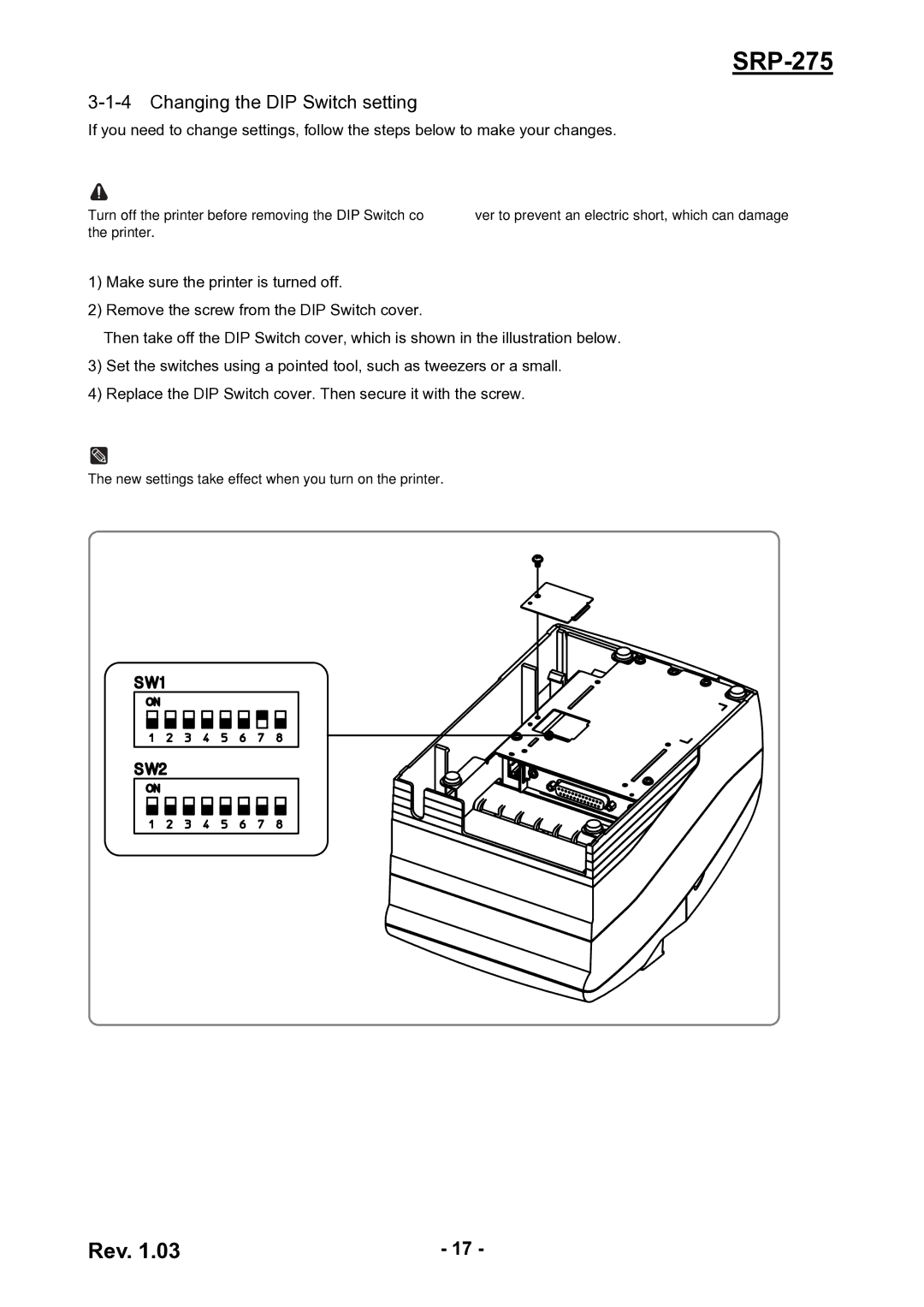 Epson SRP-275 user manual Changing the DIP Switch setting 