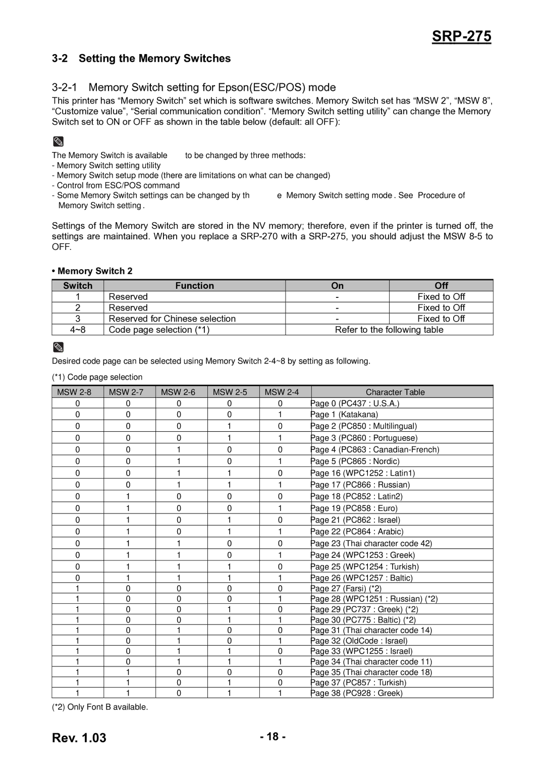 Epson SRP-275 Setting the Memory Switches, Memory Switch setting for EpsonESC/POS mode, Memory Switch Function, Off 