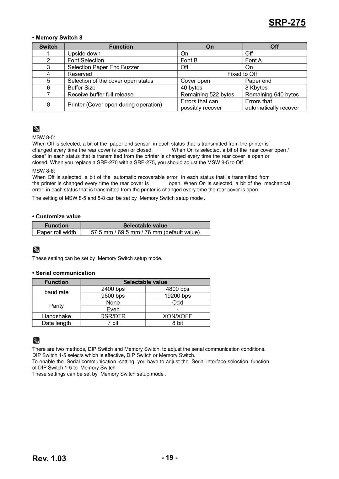 Epson SRP-275 user manual Customize value Function Selectable value, Serial communication Function Selectable value 