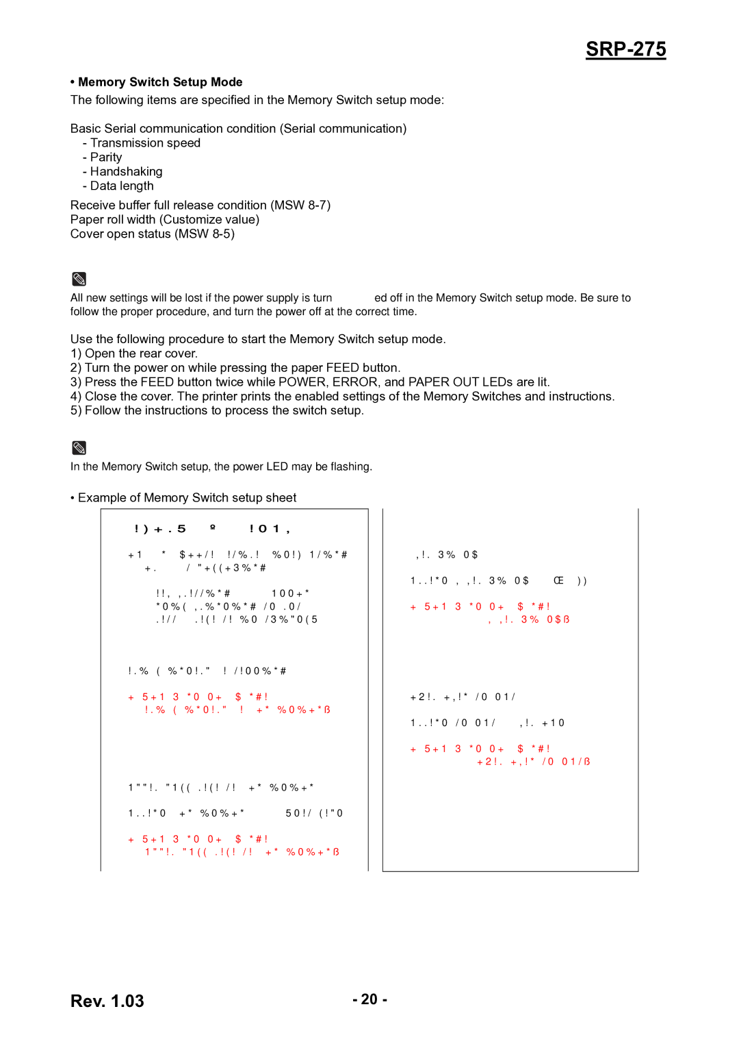 Epson SRP-275 user manual Memory Switch Setup Mode, Example of Memory Switch setup sheet 