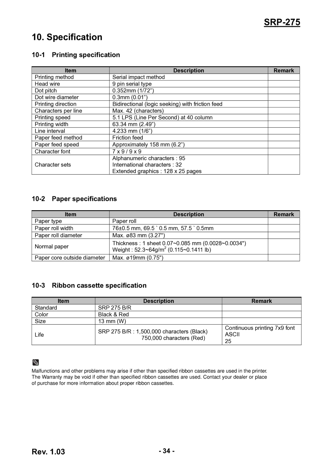 Epson SRP-275 user manual Specification, Printing specification, Paper specifications, Ribbon cassette specification 