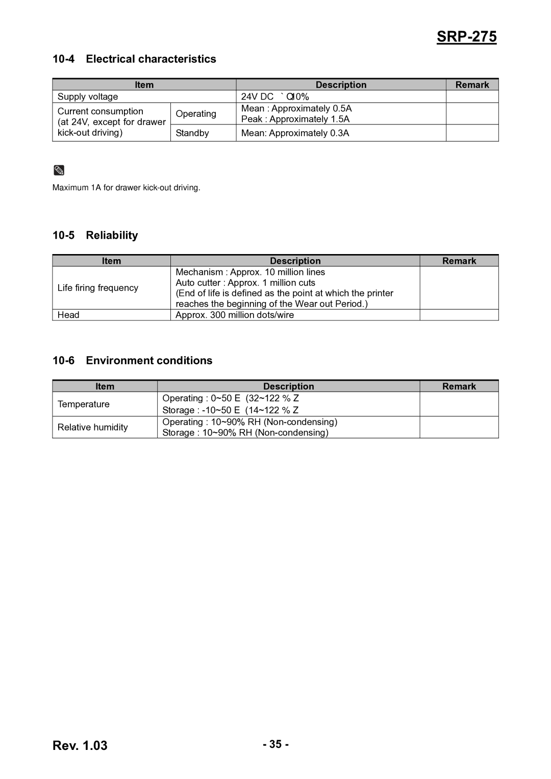 Epson SRP-275 user manual Electrical characteristics, Reliability, Environment conditions 