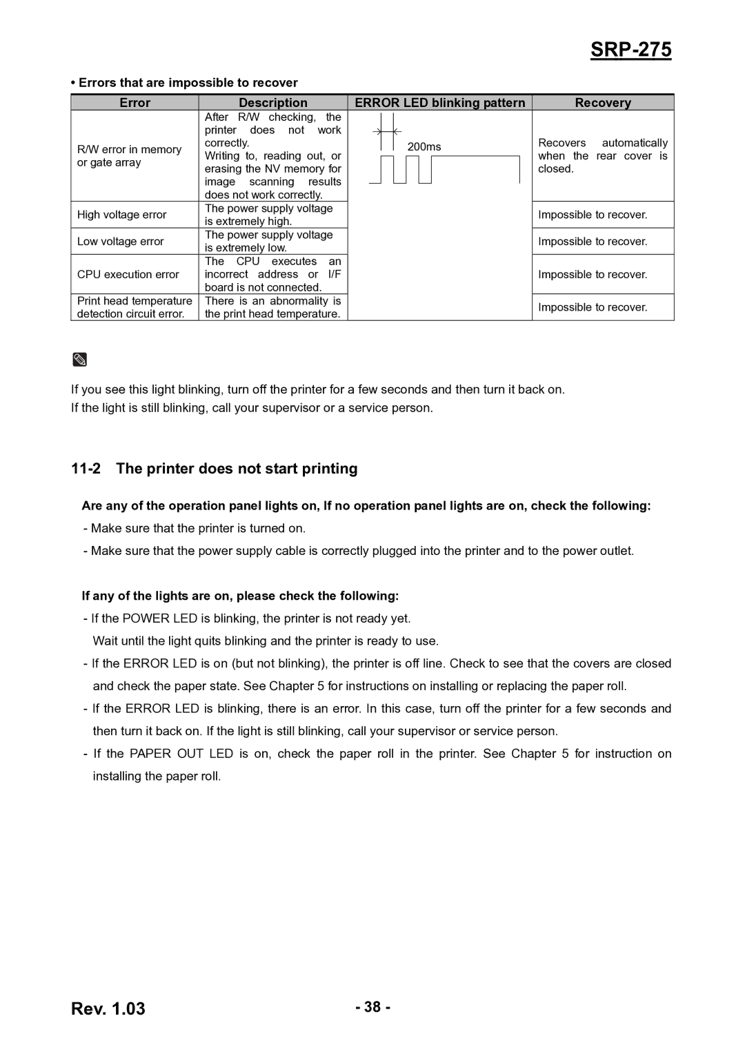 Epson SRP-275 user manual Printer does not start printing, If any of the lights are on, please check the following 