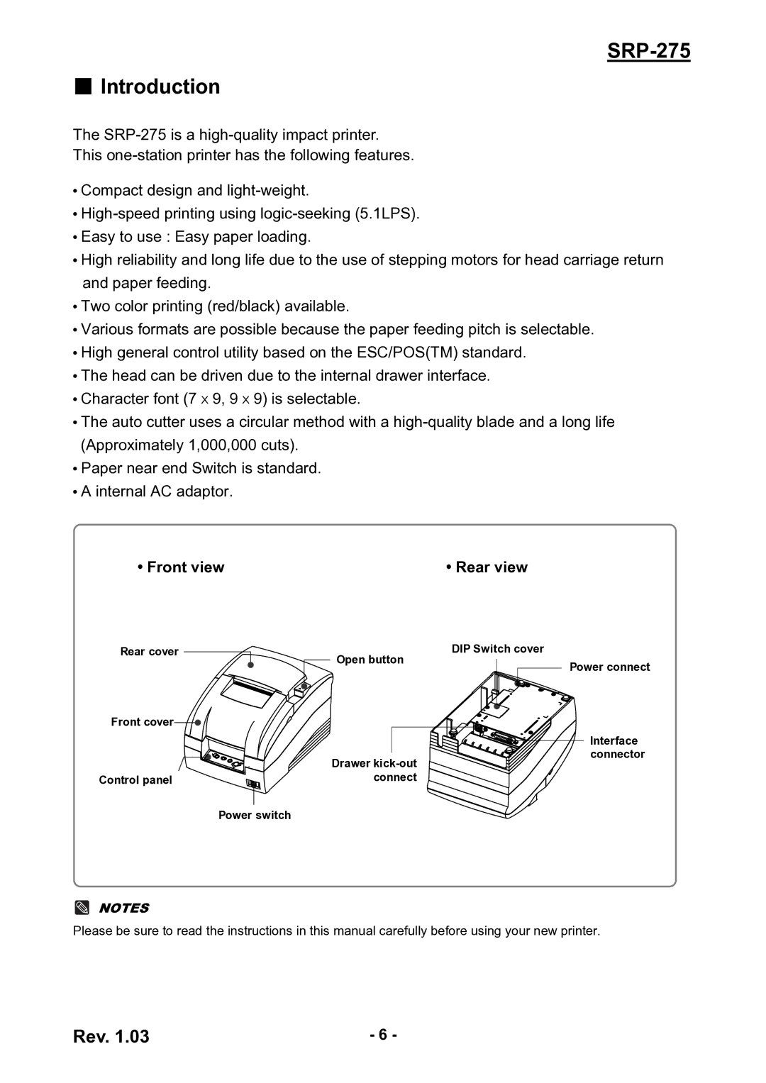 Epson user manual SRP-275 Introduction, Front view, Rear view 