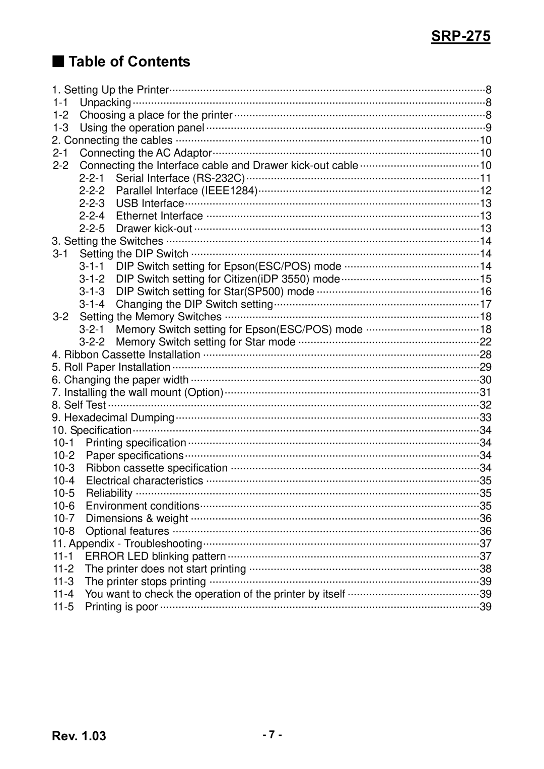 Epson user manual SRP-275 Table of Contents 