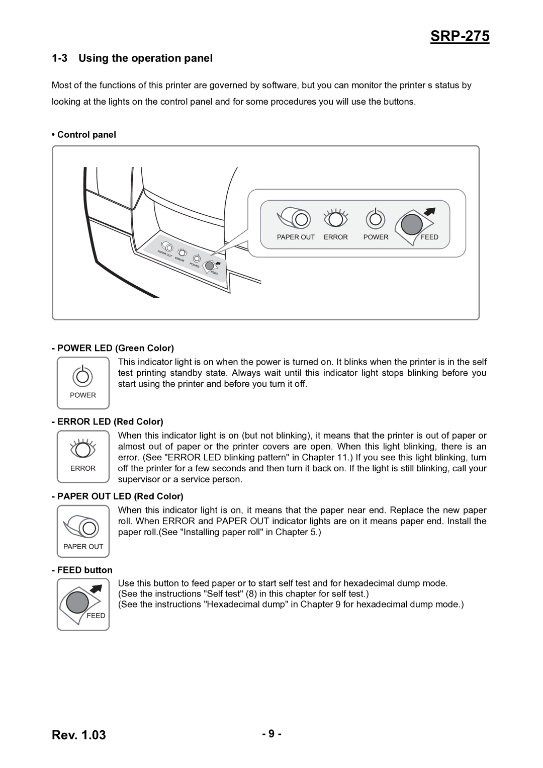 Epson SRP-275 Using the operation panel, Control panel Power LED Green Color, Error LED Red Color, Paper OUT LED Red Color 