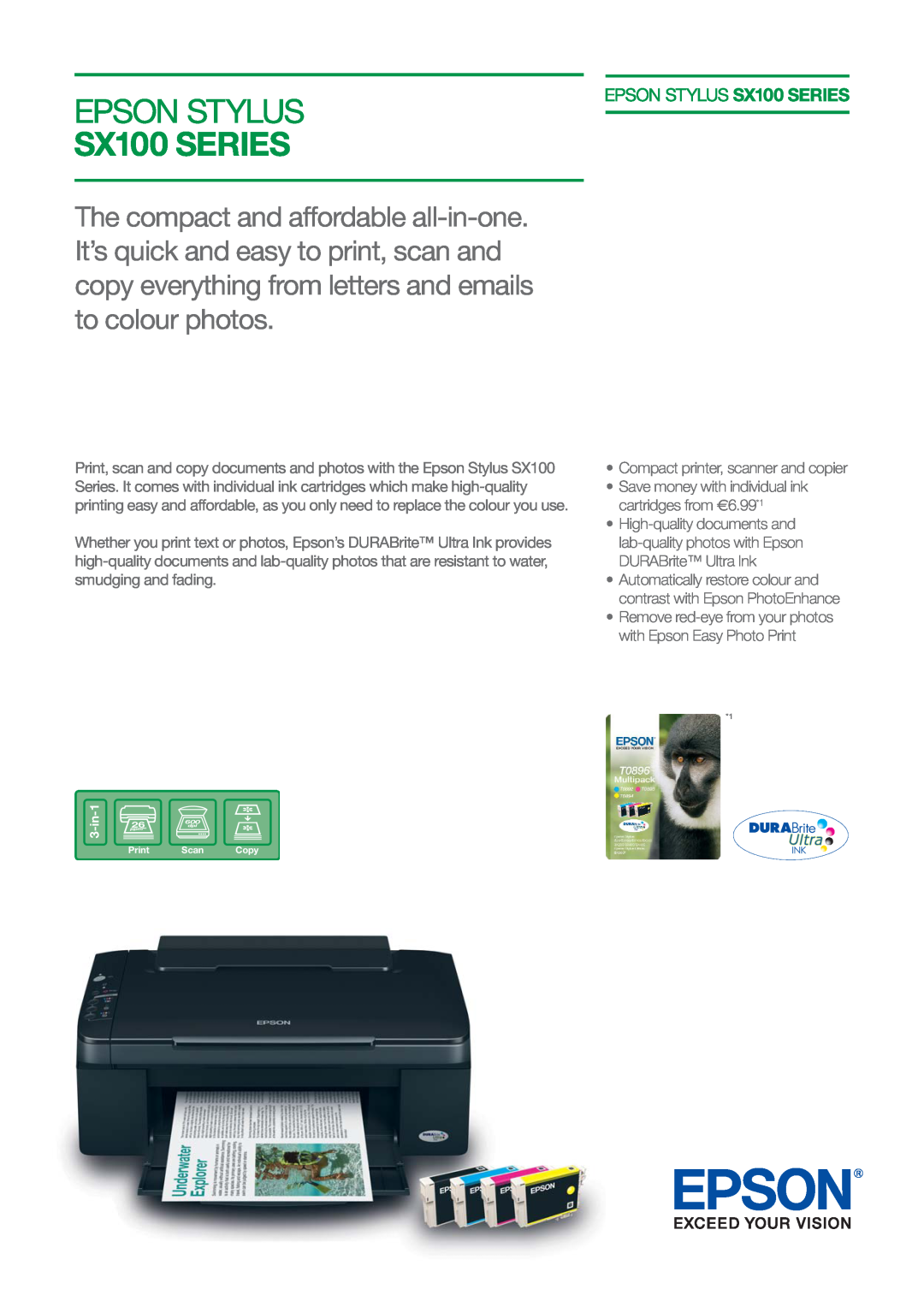 Epson SX100 manual •Compact printer, scanner and copier 