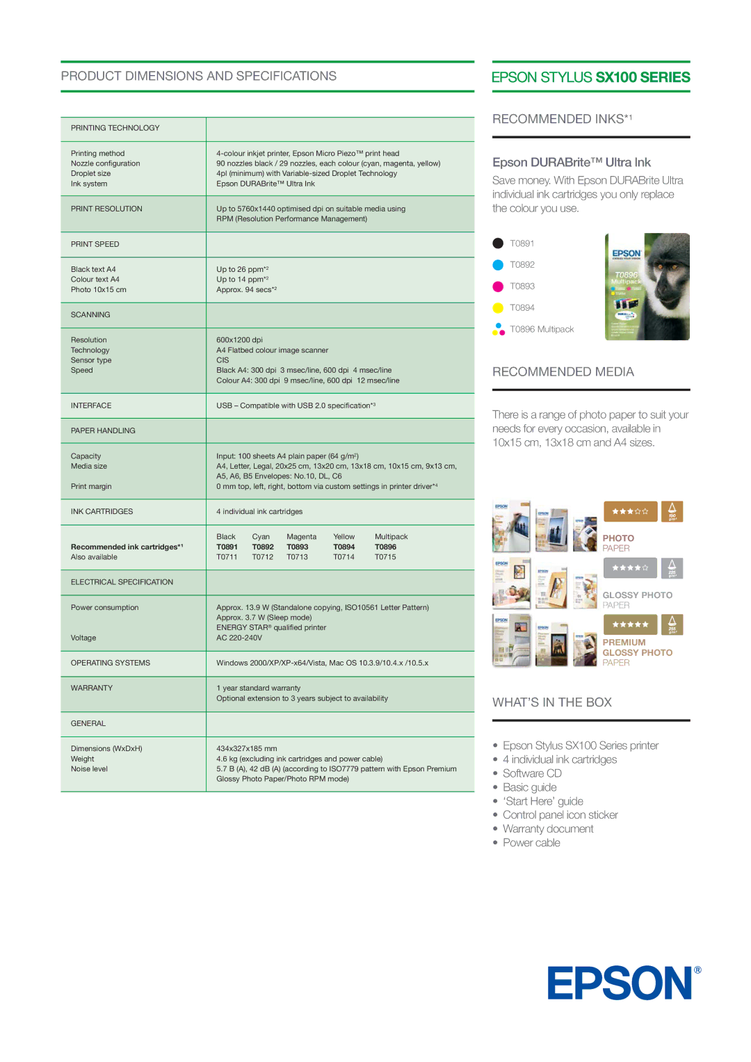 Epson SX100 manual Product Dimensions and Specifications, Recommended INKS*1, Recommended Media, WHAT’S in the BOX 