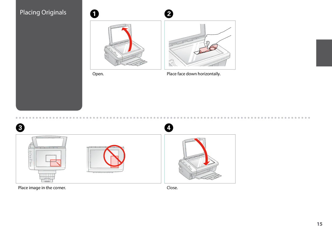 Epson SX200 manual Placing Originals, Place face down horizontally Place image in the corner 