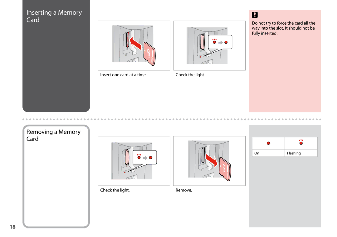 Epson SX200 manual Inserting a Memory Card, Removing a Memory Card, Insert one card at a time, Check the light 