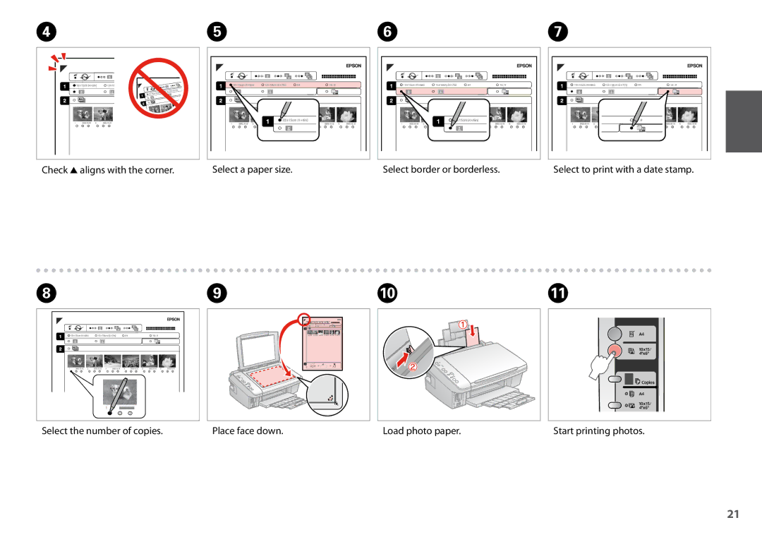 Epson SX200 manual Select the number of copies Place face down Load photo paper 