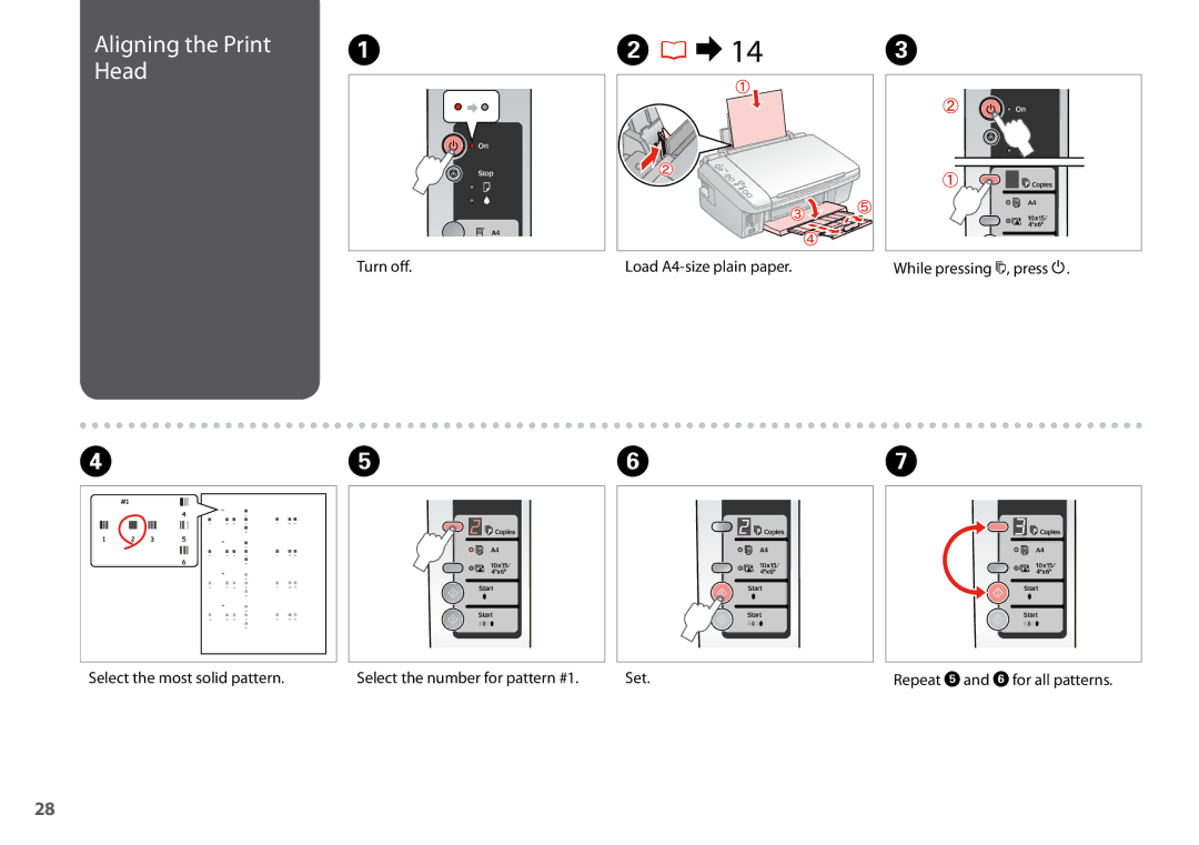 Epson SX200 manual Aligning the Print Head, Turn off Load A4-size plain paper, Repeat E and F for all patterns 