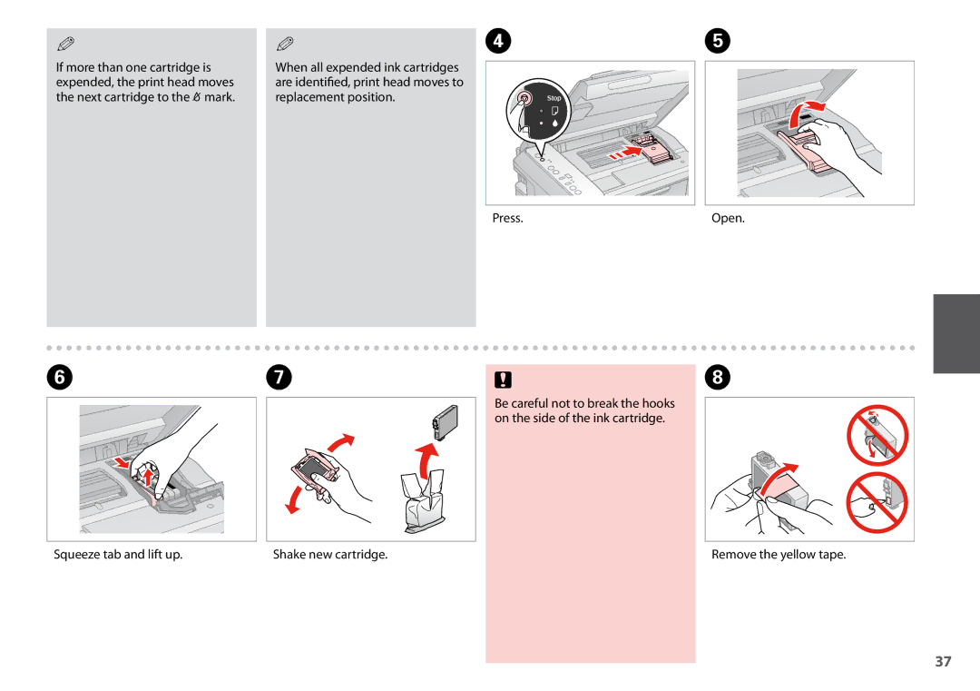 Epson SX200 manual Press, Squeeze tab and lift up Shake new cartridge, Remove the yellow tape 