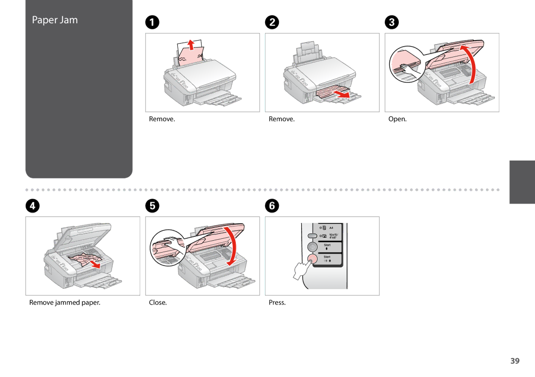 Epson SX200 manual Paper Jam, Remove jammed paper Close 