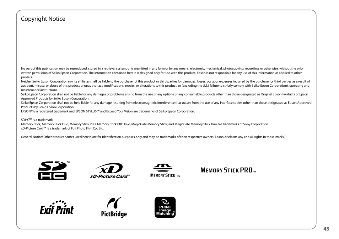 Epson SX200 manual Copyright Notice 