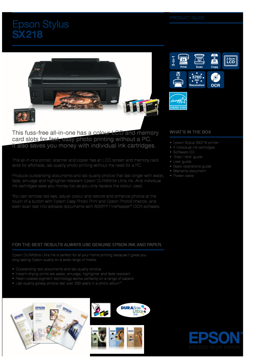 Epson SX218 warranty Product Guide, Epson Stylus, It also saves you money with individual ink cartridges 
