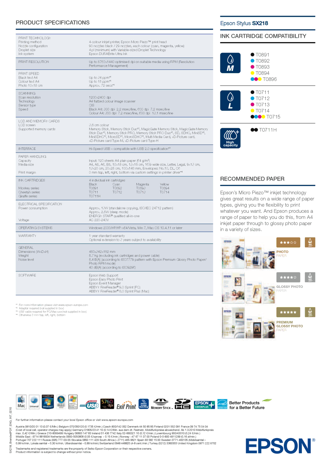 Epson SX218 warranty Product Specifications, INK Cartridge Compatibility, Recommended Paper 