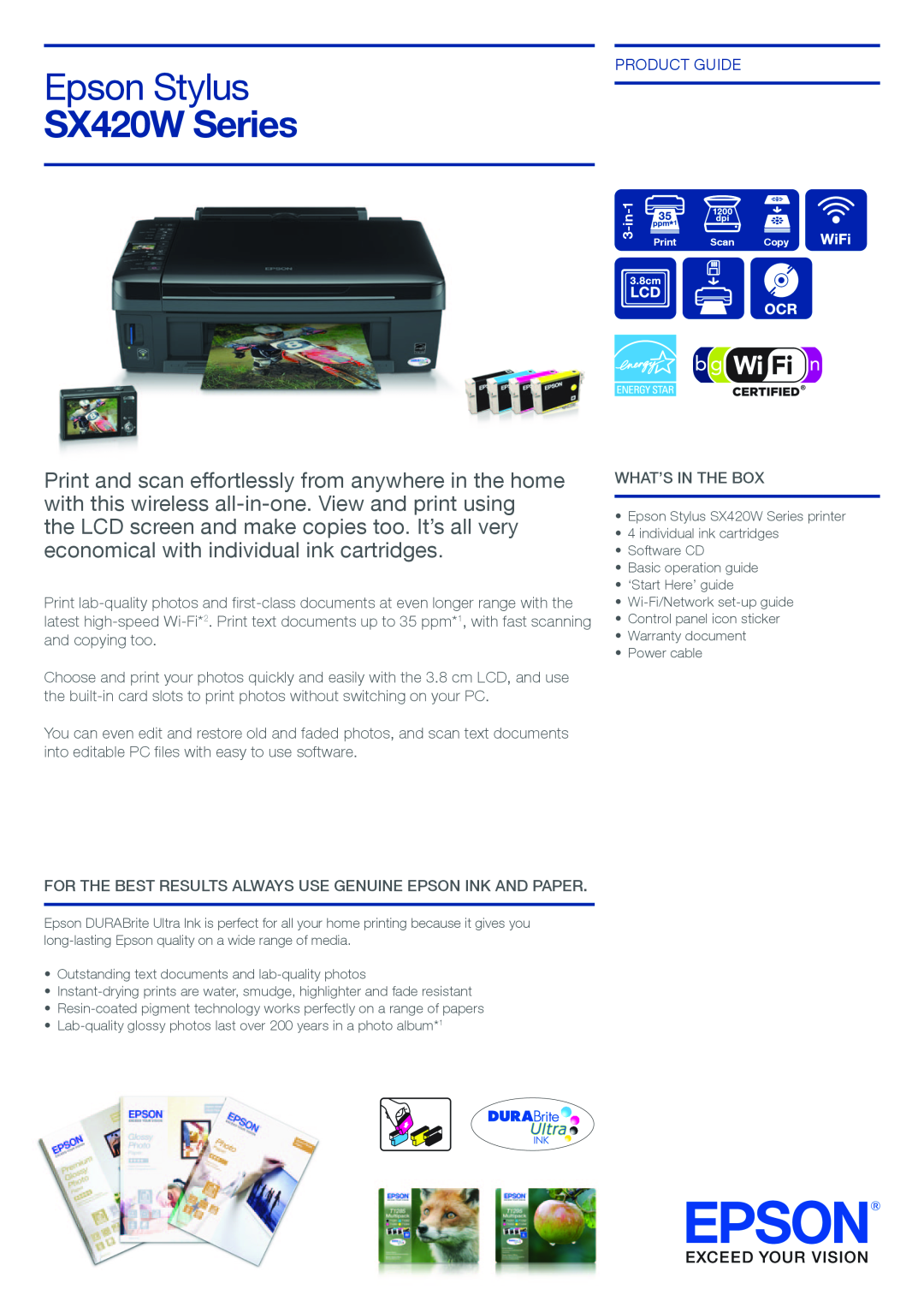 Epson setup guide Product Guide, Epson Stylus, SX420W Series 