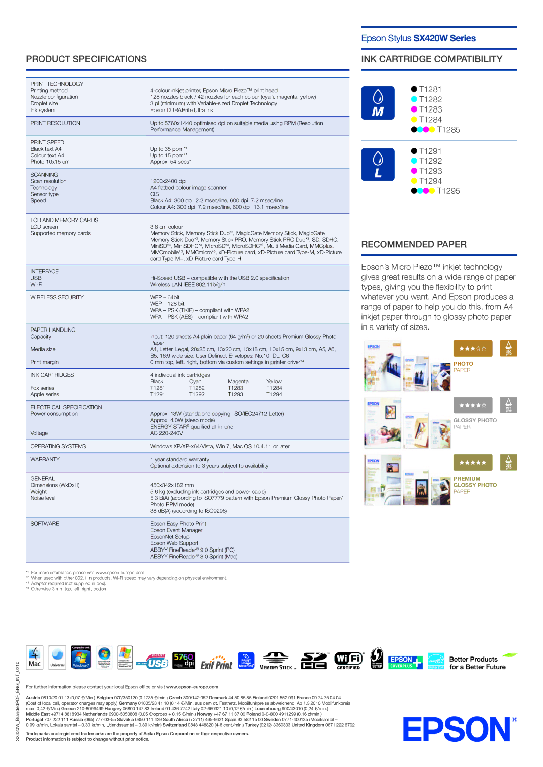 Epson SX420W setup guide Product Specifications INK Cartridge Compatibility, Recommended Paper 