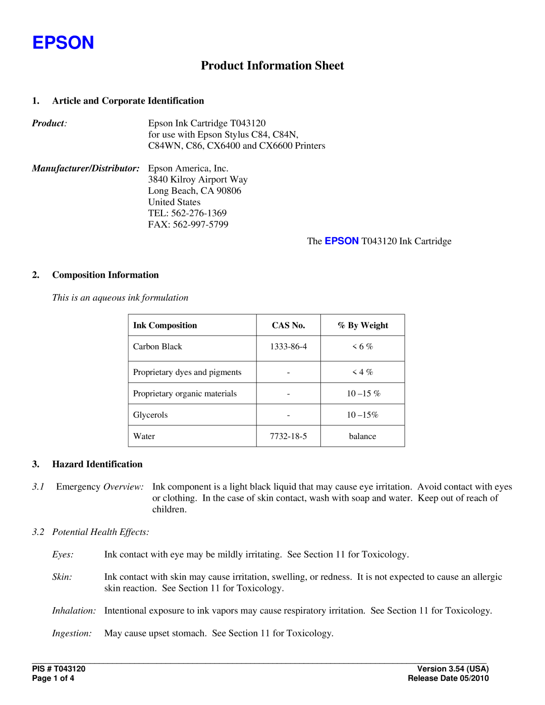 Epson T043120 manual Article and Corporate Identification, Product, Manufacturer/Distributor, Composition Information 