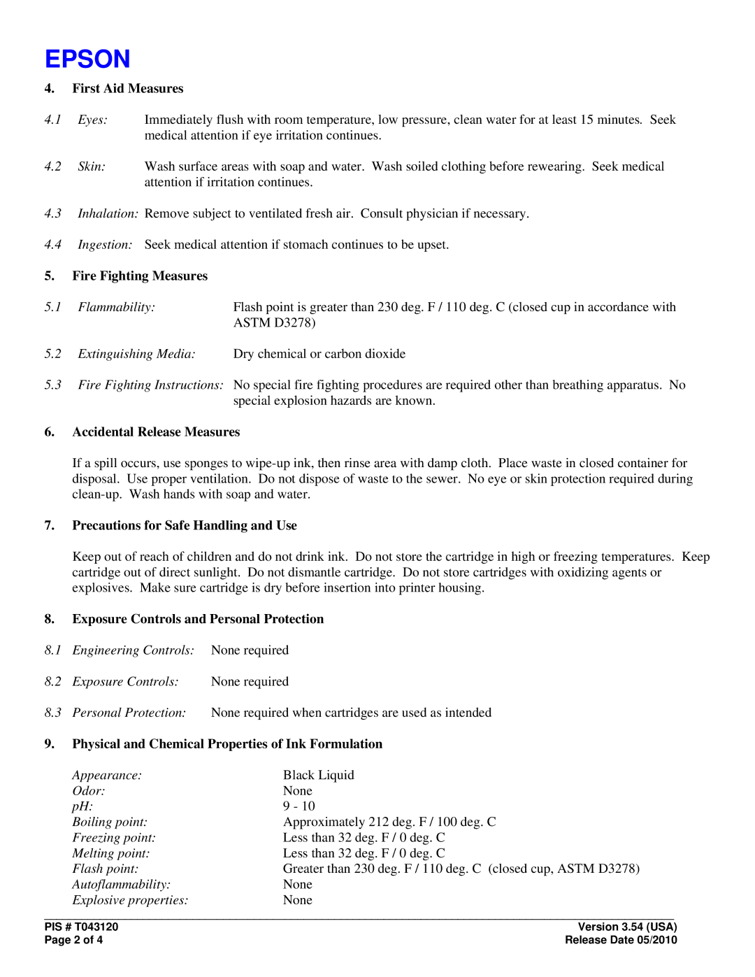 Epson T043120 manual First Aid Measures, Fire Fighting Measures, Accidental Release Measures 