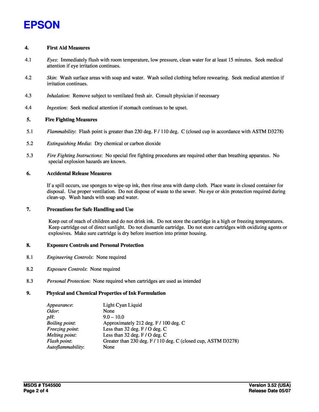 Epson T545500 manual First Aid Measures, Fire Fighting Measures, Accidental Release Measures, Epson 