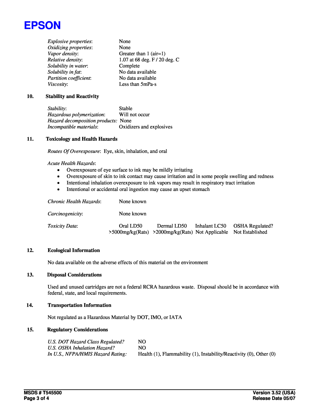 Epson T545500 Stability and Reactivity, Toxicology and Health Hazards, Ecological Information, Disposal Considerations 