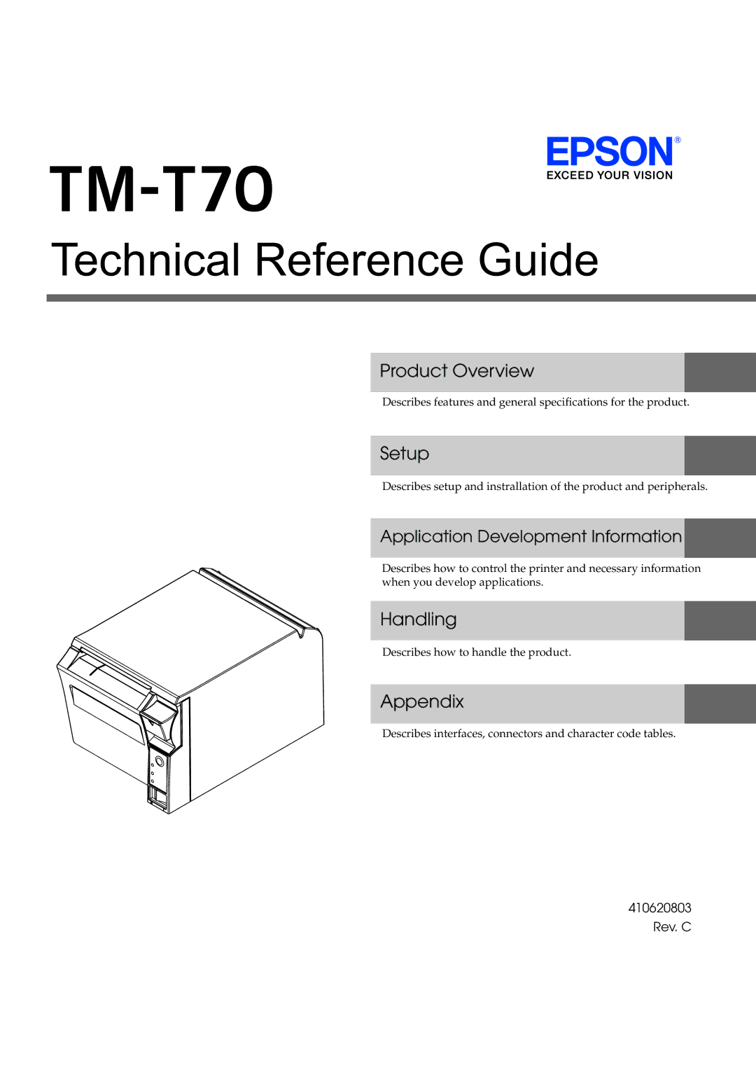 Epson T70 specifications Product Overview, Setup, Handling, Appendix, 410620803 Rev. C 