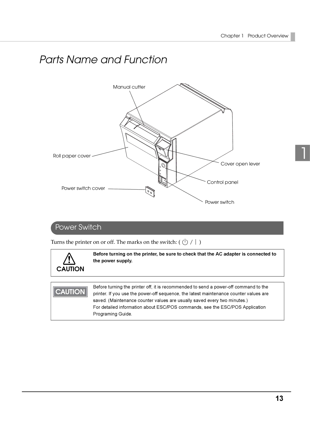 Epson T70 specifications Parts Name and Function, Power Switch 