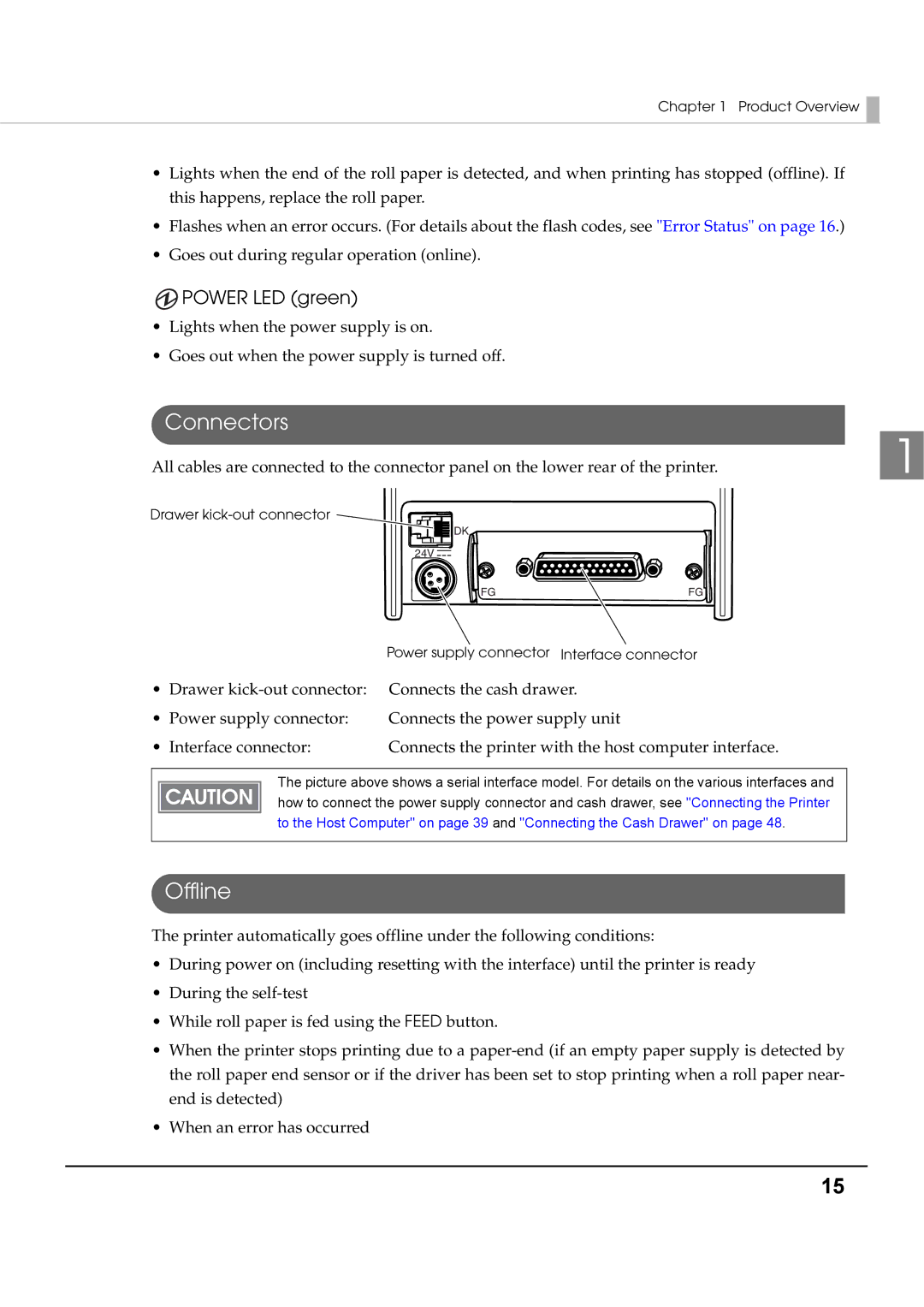 Epson T70 specifications Connectors, Offline, Power LED green 