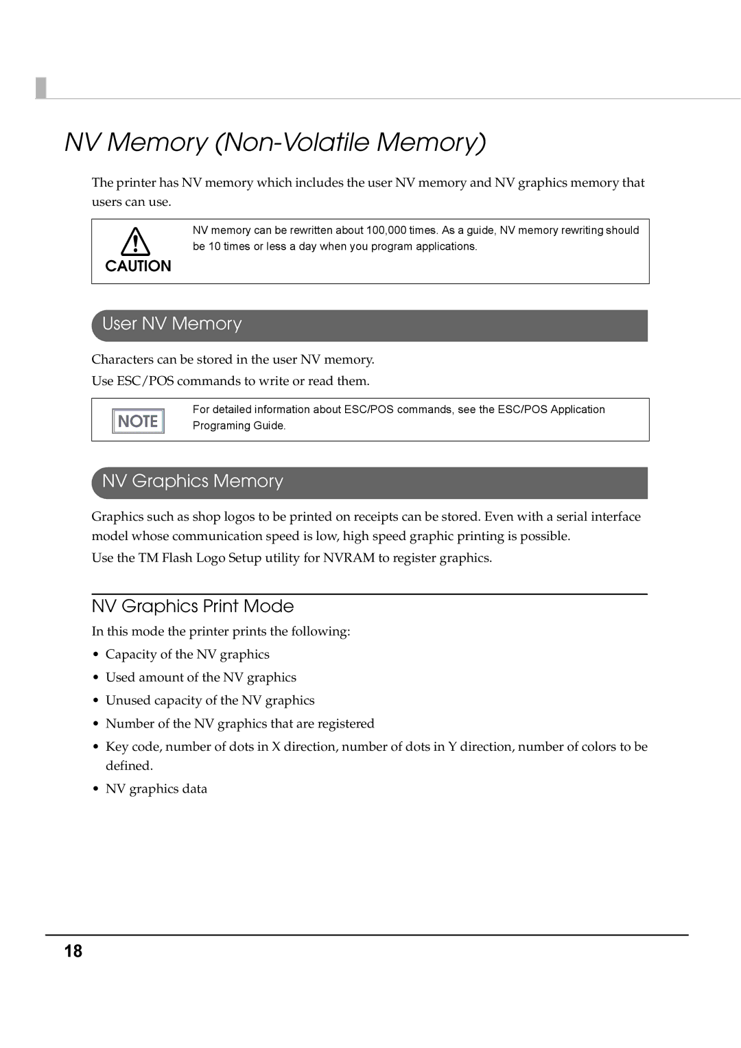 Epson T70 specifications NV Memory Non-Volatile Memory, User NV Memory, NV Graphics Memory, NV Graphics Print Mode 