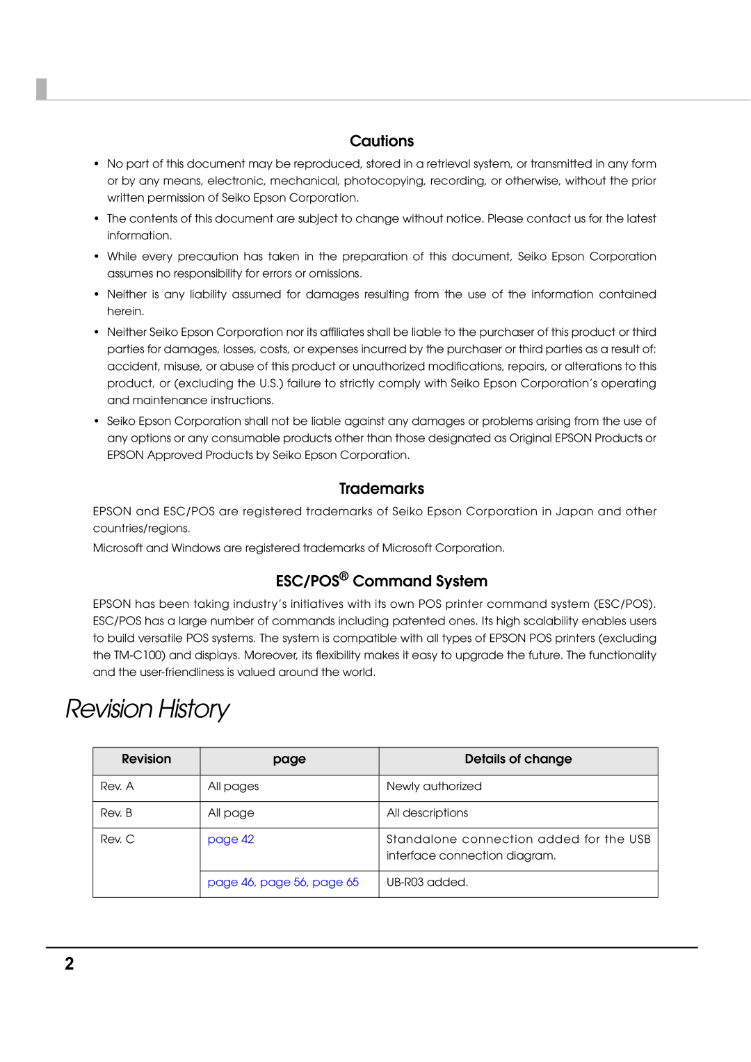 Epson T70 specifications Revision History, Trademarks, ESC/POS Command System, Revision Details of change 