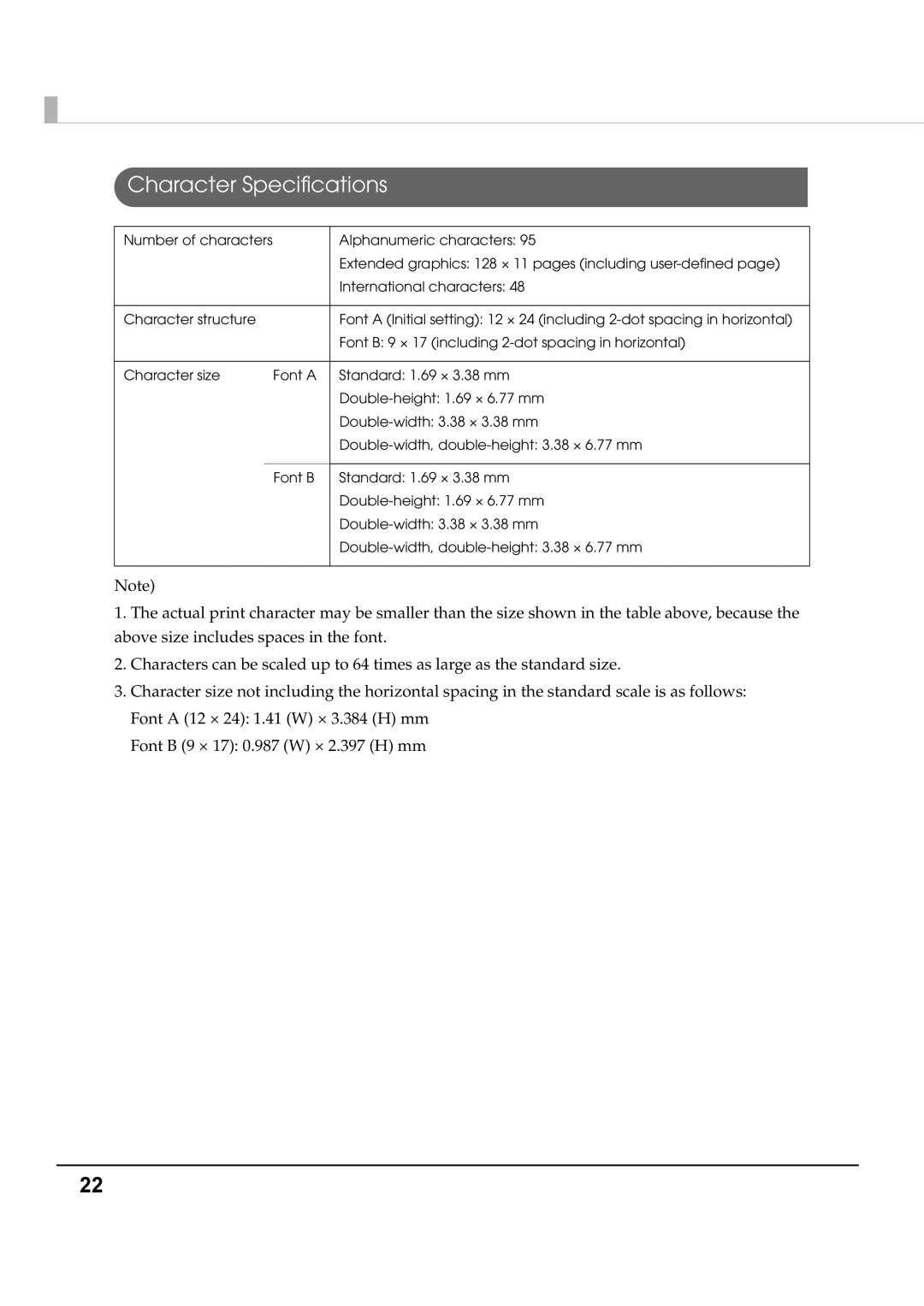 Epson T70 specifications Character Specifications 