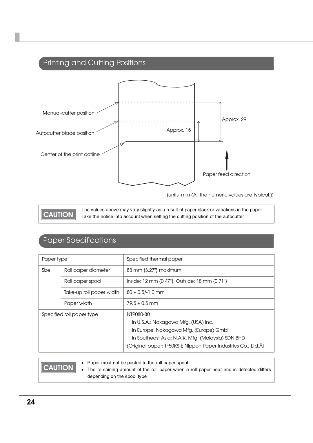 Epson T70 specifications Printing and Cutting Positions, Paper Specifications 