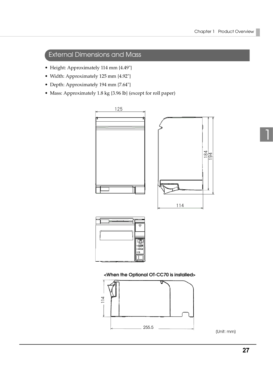 Epson T70 specifications External Dimensions and Mass, When the Optional OT-CC70 is installed 