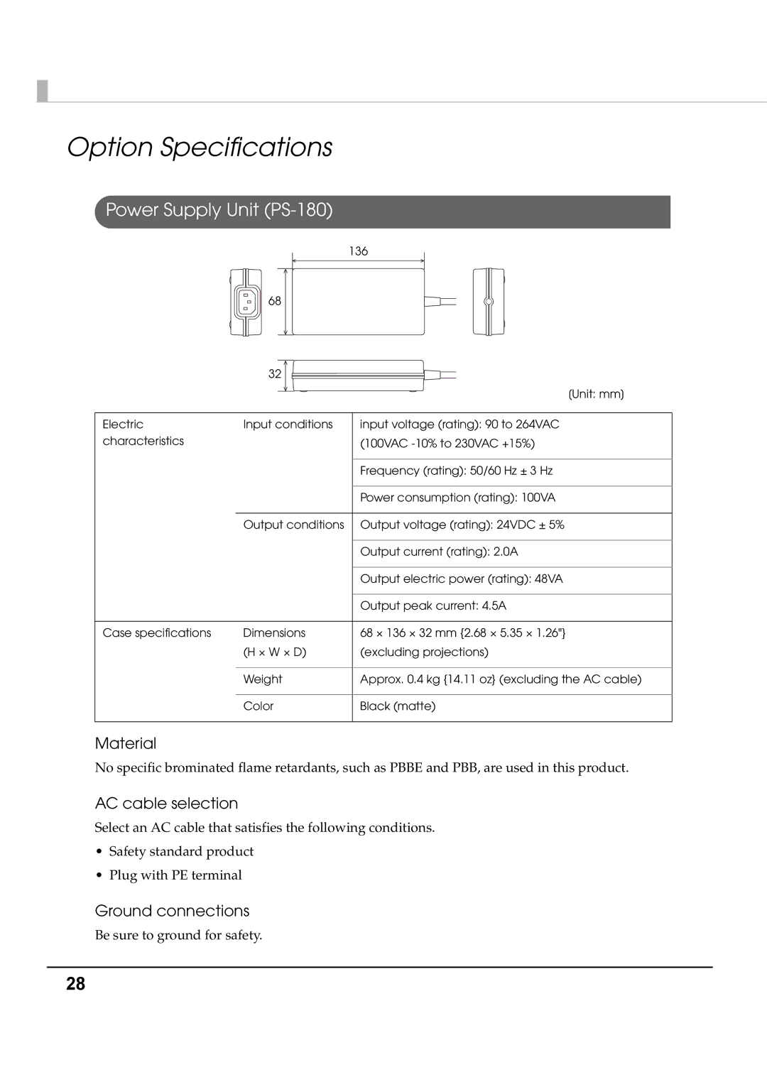 Epson T70 specifications Option Specifications, Power Supply Unit PS-180, Material, AC cable selection, Ground connections 