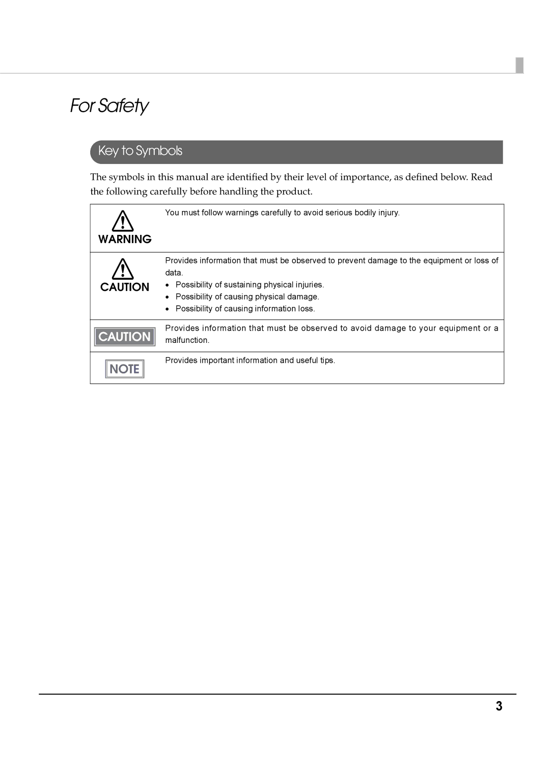 Epson T70 specifications For Safety, Key to Symbols 