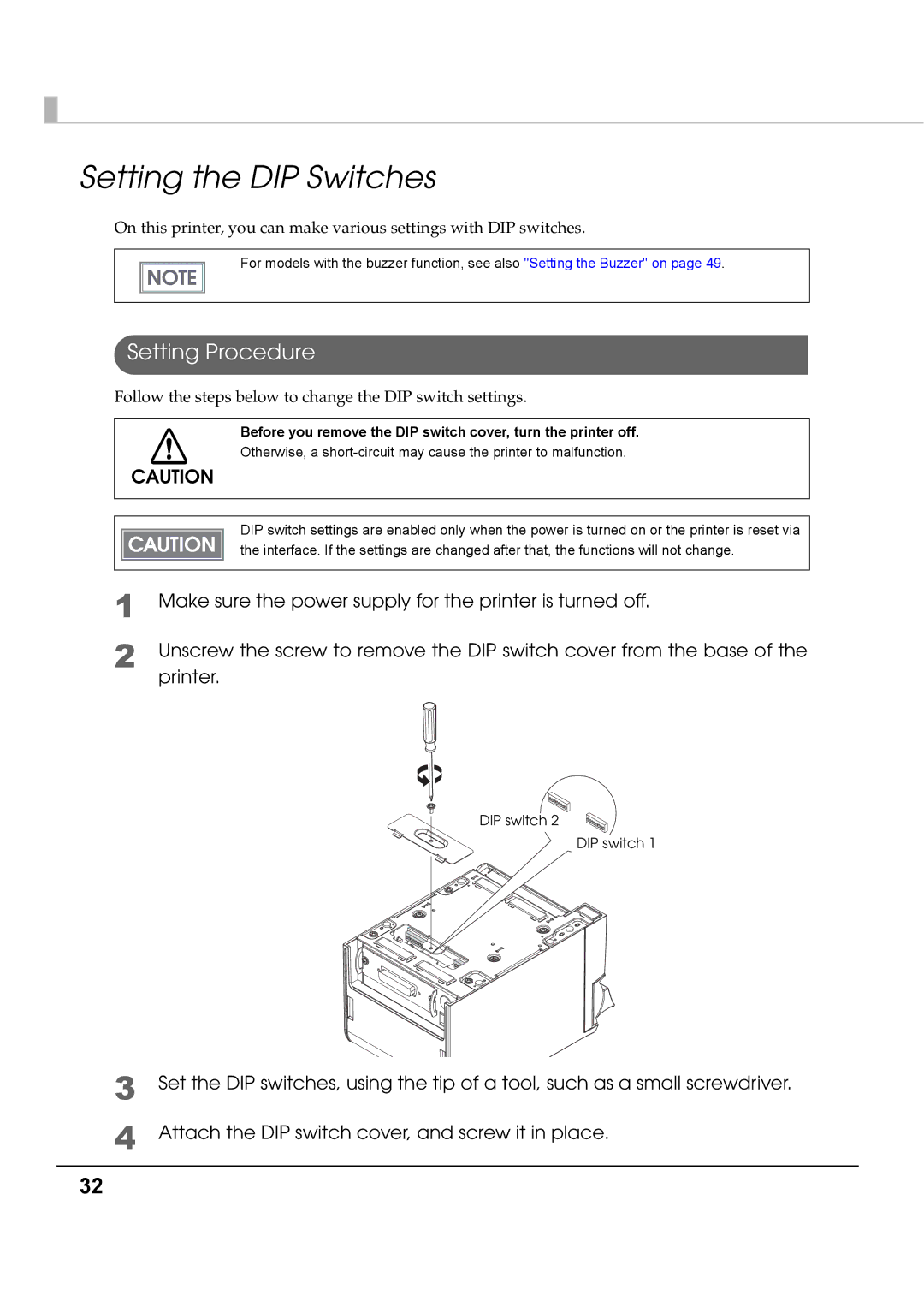 Epson T70 specifications Setting the DIP Switches, Setting Procedure 