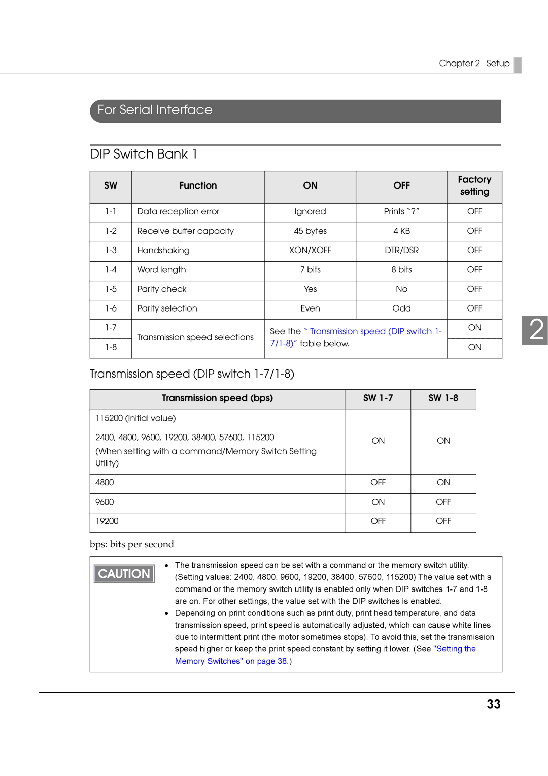 Epson T70 specifications For Serial Interface, DIP Switch Bank, Transmission speed DIP switch 1-7/1-8 