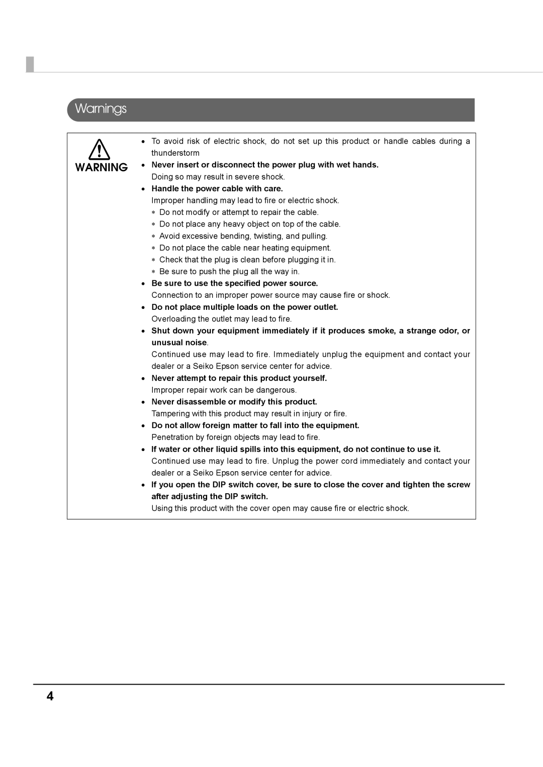 Epson T70 specifications Be sure to use the specified power source 