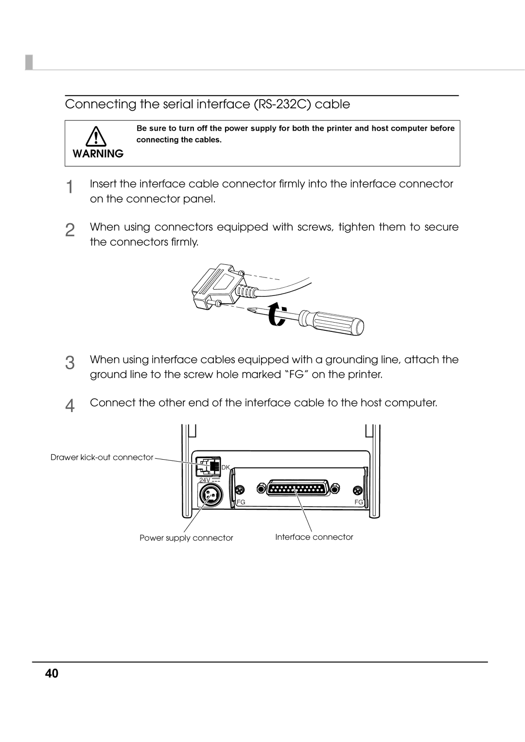 Epson T70 specifications Connecting the serial interface RS-232C cable 