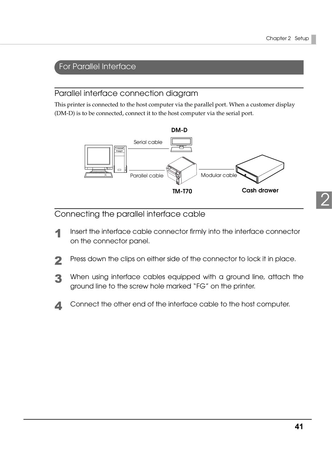 Epson T70 For Parallel Interface, Parallel interface connection diagram, Connecting the parallel interface cable 