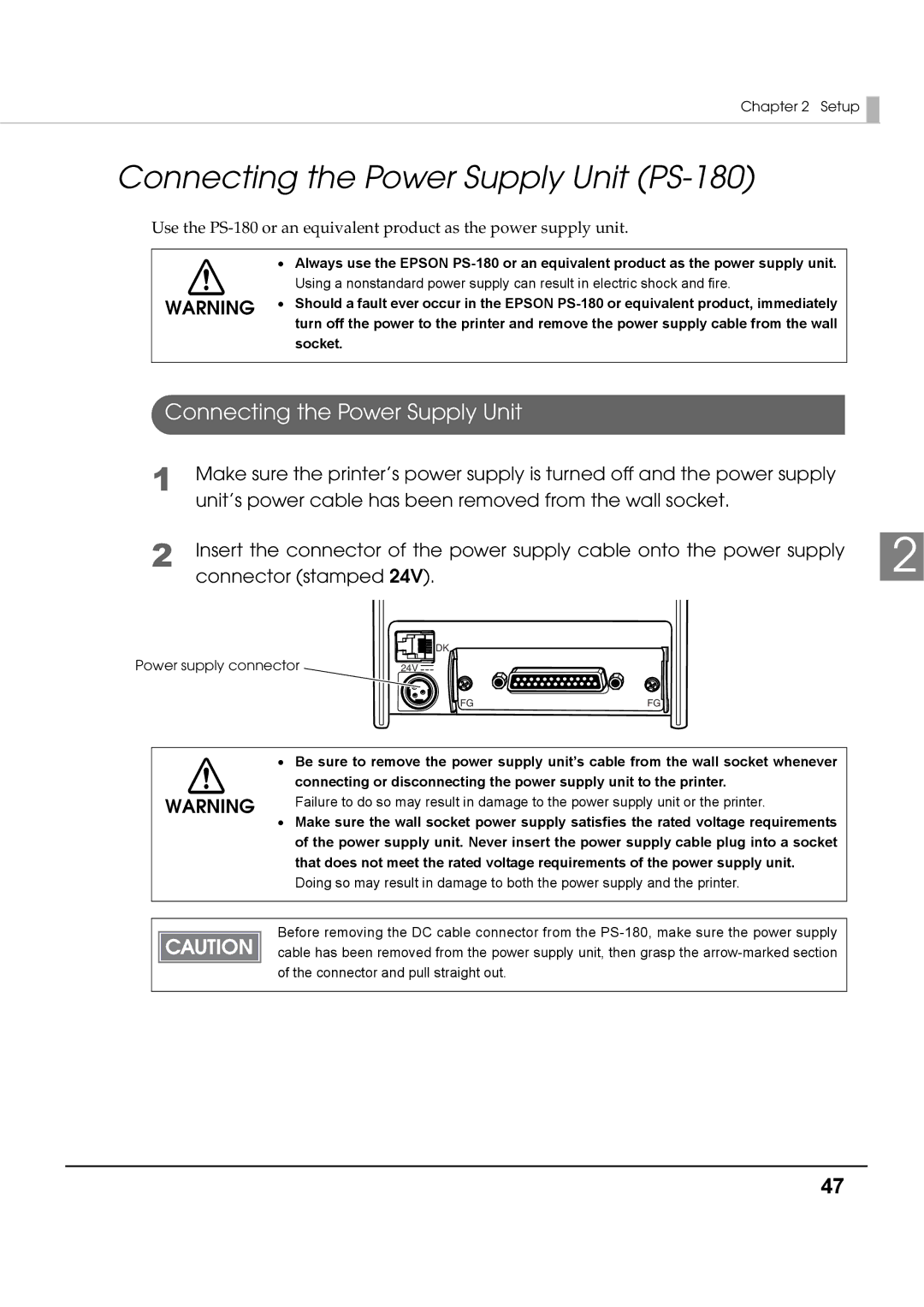 Epson T70 specifications Connecting the Power Supply Unit PS-180 