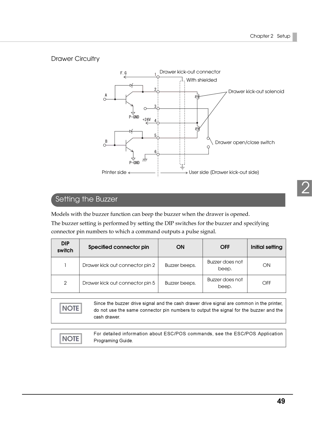 Epson T70 specifications Setting the Buzzer, Drawer Circuitry, Specified connector pin, Initial setting, Switch 